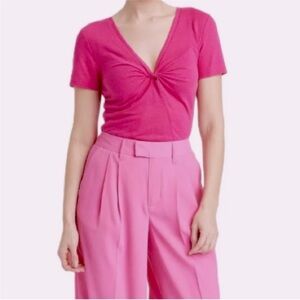 NWT a new day Medium Pink V-Neck Twist Front Linen Blend Tee Top